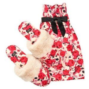 NWT Victoria's Secret Satin Slippers Red Floral Ivory Fur Size 7-8 m with bag